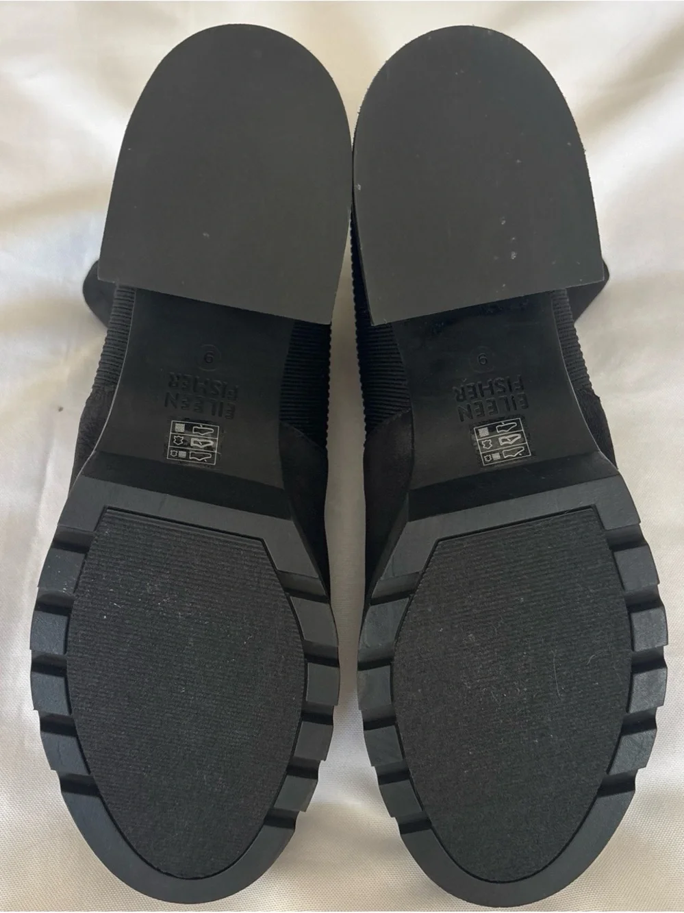 Eileen Fisher Black Stretch Suede Ankle Booties with Block Heel and Lug Sole